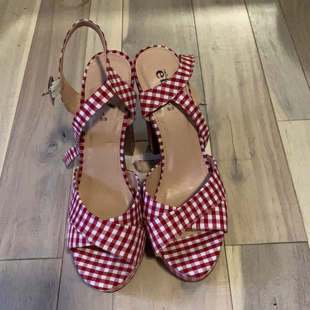 red and white platform heels